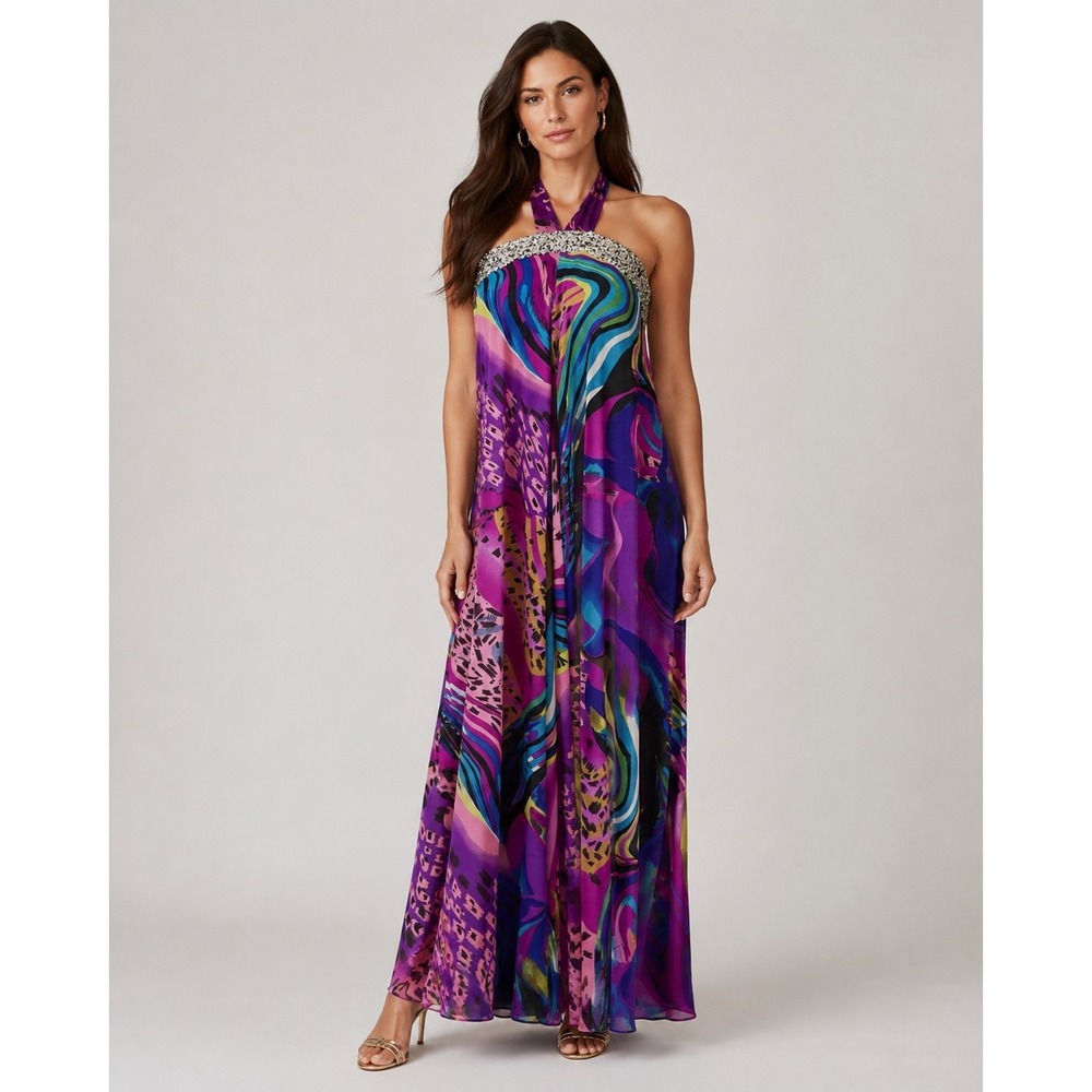 AI Authentic Icon Halter Dress Womens XS Purple Gold Sequin Flowy Boho Hippie